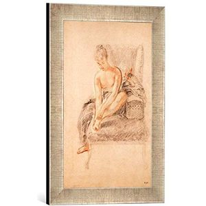 Ingelijste afbeelding van Jean Antoine Watteau Semi-Nude Woman Seated on a Chaise Longue, Holding her Foot, Art Print in hoogwaardige handgemaakte fotolijsten, 30x40 cm, Silver Raya