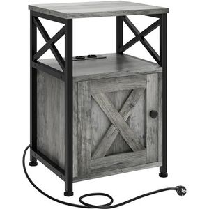 YITAHOME Bijzettafel, nachtkastje met kast, X-vormige woonkamertafel met laadstation, 2 USB-poorten en stopcontacten, nachtkastje, metalen frame, 40 x 35 x 60 cm, grijs