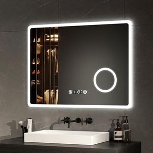 EMKE LED badkamerspiegel 80 x 60 cm badkamerspiegel met verlichting lichtspiegel wandspiegel met aanraakschakelaar, anti-condens, klok, 3-voudige vergroting