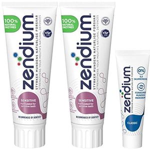 Zendium Gevoelige tandpasta voor gevoelige tanden. Versterkt de natuurlijke afweer van je mond, 2 x 75 ml en Classic tandpasta 1 x 15 ml