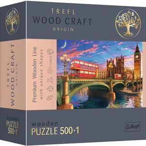 Trefl - Houten Puzzel, Paleis van Westminster, Big Ben, Londen - 500+1 stukjes, Hout Ambacht, Onregelmatige Vormen, 50 Reizende Figuren, Premium Moderne Puzzel
