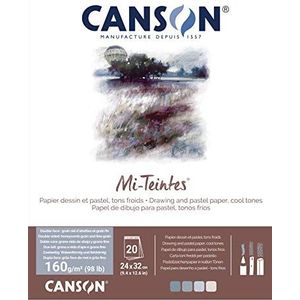 CANSON MI-TEINT tekenpapier en pastel, blok met 20 vellen, honingraatstructuur en fijne korrel, 24 x 32 cm, 160 g/m², grijstinten