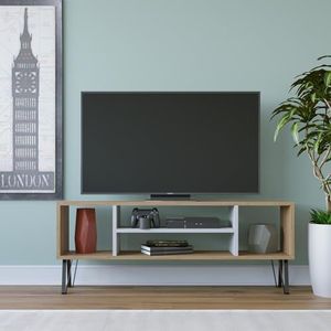 Hanah Home Stijlvolle tv-standaard met wandmontage-optie, eiken en wit, 120 x 25 x 46,6 cm, 100% melamine gecoat deelbord, 18 mm dik, meerdere planken voor moderne woonruimtes