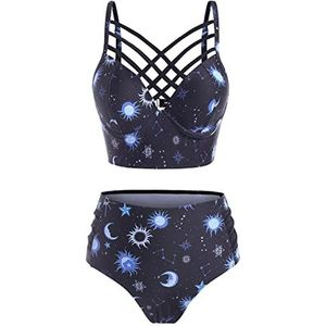 JMSUN Zomer Sun Star Moon Lattice Tankini-badpak met hoge taille voor dames, Donkerblauw, S