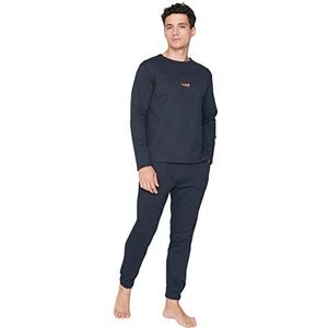 Trendyol Man Plain Knit Sweatshirt-Broek Pyjama Set, Donkerblauw, M