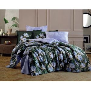 Nuit Des Rêves Exclusieve satijnen quilt coverset (135 x 200 cm), 100% katoen, groen en lichtblauw/bruin, machinewasbaar, 210 draden count, button & envelop sluiting