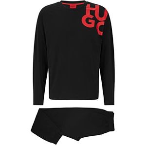 HUGO Tagged Long Set Relaxed-Fit pyjama voor heren, katoenmix met stack-logo's, zwart 1, M