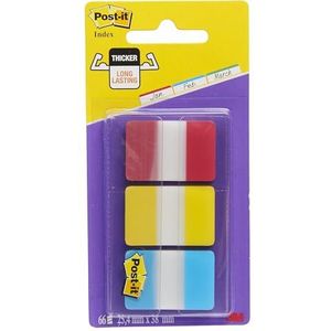 Post-it Index Strong Filing Tabs, verpakking met 1 dispenser met 3 x 22 tabs, 25, 4 mm x 38 mm, geel, rood, blauw, extra sterke plakstrips voor documenten en informatie