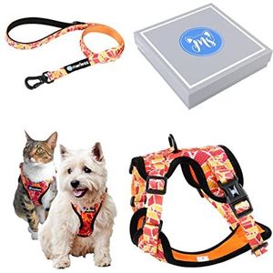 Verstelbaar Tuigje voor Kleine honden, Puppies en Katten. Anti Trektuigje voor Kleine Honden of puppies. Ademend, Origineel en Sterk Tuigje met Riem. Maat S, Oranje, 3-7,5 kg. Geschenkverpakking