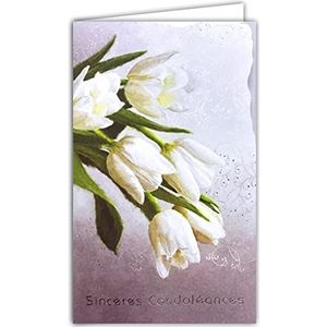 Afie 14-625 ARGUS geïllustreerde kaart met witte envelop 12 x 19,5 cm Sincres Condoléances zilver reliëf papier in reliëf gesneden boeket witte tulpen zuiverheid afscheidsceremonie Laik