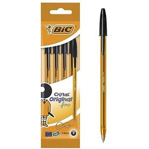 BIC Cristal Original Dunne Balpennen Dunne Punt (0,8 mm) - Zwart, Pak van 4 Stuks