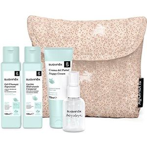 Suavinex Beauty Fabric Travel Case - Baby Gift Set met 4 Producten - Baby Keulen, Hydraterende Lotion, Luier Verschooncrème en Shampoo - Roze