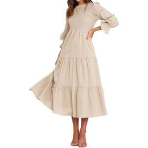 BTFBM Women Casual Long Sleeve Dress Fall Dresses 2025 Solid Color Relaxed Fit Smocked Tiered Flowy Boho Long Dresses(Solid Apricot,Small)
