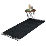 Relaxdays vloerkleed leder en katoen - tapijt met franjes - diverse kleuren - binnenkleed - Zwart, 70 x 140 cm