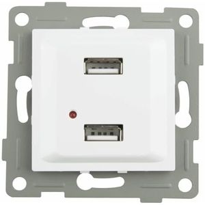 Wit inbouwstopcontact met twee USB-poorten, ideaal voor het opladen van mobiele apparaten en voor optimalisatie van het gebruik van de ruimte.
