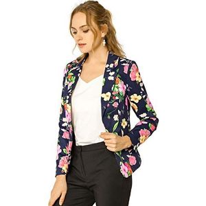 Allegra K Dames werk casual getailleerde blazer inkeping revers gedrukt open voorkant pak jas, Marineblauw - bloemen, L