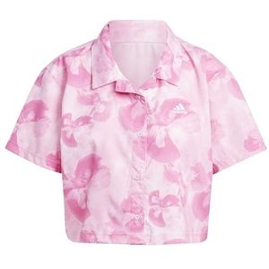 adidas Dames Floral Graphic Crop Woven Polo Shirt, off white/bliss pink, XS