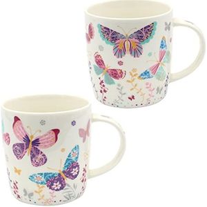Dekohelden24 Set van 2 porseleinen koffiemokken, koffiemokken, motief: kleurrijke vlinders, afmetingen H/Ø: 9 x 8 cm, inhoud 270 ml, vaatwasmachinebestendig