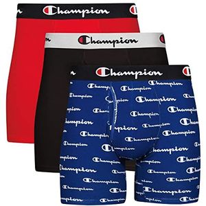 Champion Boxerslips voor heren, Blauwe achtergrond, wit script logo/nieuwe ebbenhout/scharlaken, XL