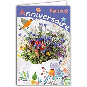 Wenskaart voor verjaardag, bloemen, pioenrozen, vlinders, gemaakt in Frankrijk