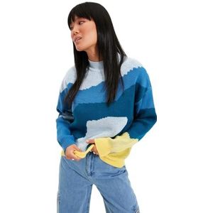 Trendyol Vrouwen staande kraag patroon Regular Sweater Sweater, blauw, S, Blauw, S