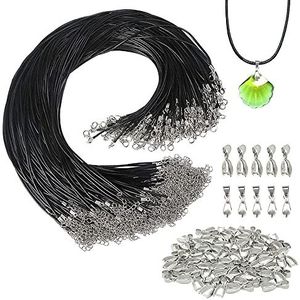 Sweieoni Leren band, ketting, 60 stuks, 2 mm, zwart, imiteren leren band met sluiting en hangerlussen, oogjes voor doe-het-zelf halskettingen, armbanden, sieraden maken