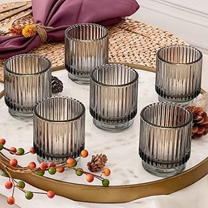 Smoke Gray Vintage geribbeld glas theelicht votief kandelaars van Kate Aspen (Set van 6), herfst decor, Boho Decor, Plank Decoratie | Perfect gastvrouw cadeau of woondecoratie