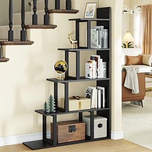 YITAHOME Boekenplank met 5 planken, L-vorm vrijstaande ladderhoek boekenkast, moderne minimalistische stijl, multifunctioneel opbergrek voor woonkamer, slaapkamer, hal, kantoor, zwart