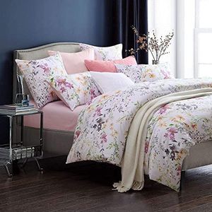 Brandream Bloemen beddengoedset, kingsize dekbedovertrekset, 100% zacht en luxueus Egyptisch katoen, 800-draadtelling 3-delige bloesembloemenprint - wit roze paars