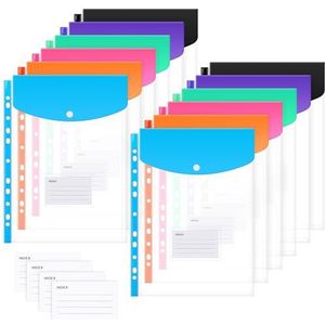 Lychico Plastic portefeuilles A4 geperforeerde zakken (12 stuks), 11 gaten uitbreidbare mappen voor 2/3/4 ringdocumentenzakje met drukknoop en label losbladig transparant voor kantoor, school, thuis