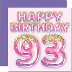 93e verjaardagskaart voor vrouwen - roze en paarse glitterballonnen - gelukkige verjaardagskaarten voor 93-jarige vrouw mama geweldige oppas oma oma, 145 mm x 145 mm drieënnegentig drieënnegentig