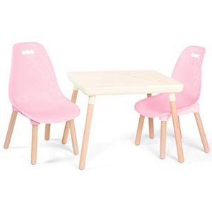 B. spaces Kindertafel met 2 stoelen, kinderzitgroep, 1 tafel en 2 kinderstoelen met houten poten, voor kinderen vanaf 3 jaar, kindermeubels, roze en wit