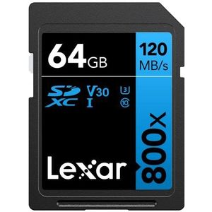 Lexar High-Performance 800x 64GB SD Kaart, SDXC UHS-I Geheugenkaart, Class 10, U3, V30, tot 120 MB/s lezen, voor point-and-shoot camera's, mid-range DSLR, HD-camcorder (LSD0800064G-BNNAG)