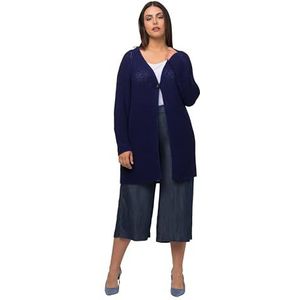 Ulla Popken, Dames, grote maten, gebreide jas, bandgaren, V-hals, sierknoop, blauw, 46/48 Grote maten