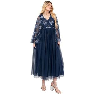 Maya Deluxe Midaxi Damesjurk, V-hals, lange mouwen, pailletten, verfraaid, Empire, A-lijn, tule, evening, bal, dames, Frans marineblauw, 44