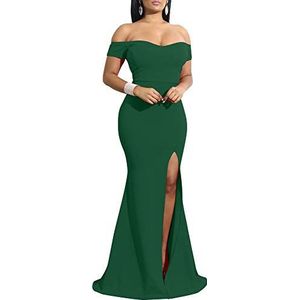 YMDUCH Dames off-shoulder avondjurk met hoge split, lange formele feestjurk, Donkergroen, L