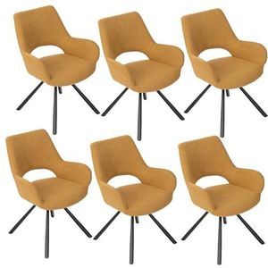 MEUBLE COSY Set van 6 Scandinavische eetkamerstoelen, met rugleuning en armleuningen, stoel voor woonkamer, keuken, kantoor, gevoerde zitting van stof, metalen poten, geel, 58,5 x 59 x 81 cm, 58,5 x