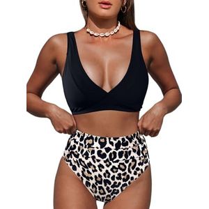 Hilinker Badpak voor dames met hoge taille, luipaardbikini-set met gesp voor, tweedelig badpak, zwart (leopard), M