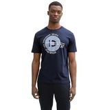 Tom Tailor - Denim Shirt - Dark Navy - Ronde Hals - Korte Mouwen - Met Verschillende Logoprints