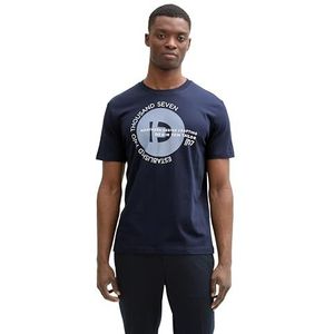 Tom Tailor - Denim Shirt - Dark Navy - Ronde Hals - Korte Mouwen - Met Verschillende Logoprints