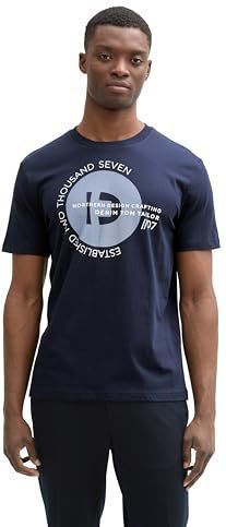 Tom Tailor - Denim Shirt - Dark Navy - Ronde Hals - Korte Mouwen - Met Verschillende Logoprints