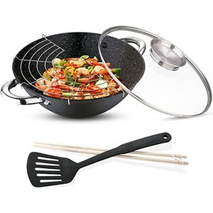 RENBERG Wasabi Wok, wokpan met marmeren coating en glazen deksel, veelzijdige functies en accessoires, wok van gietijzer, geschikt voor inductiekookplaten