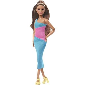 Barbie Looks Pop, brunette, colorblock midi-jurk die één schouder bloot laat, stylen en showen, modeverzameling, Barbie Signature Looks HJW82