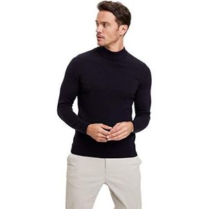 DeFacto Heren gebreide trui met lange mouwen en ronde hals sweater - slim fit trui voor heren tops (marineblauw, 3XL), navy, 3XL