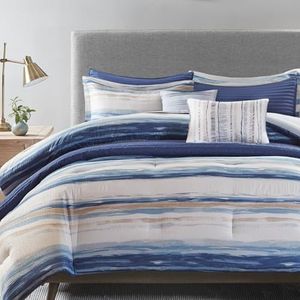Madison Park All Season Down Alternatief beddengoed, bijpassende shams, decoratieve kussens, polyester, seersucker blauw, vol/koningin x 220 inch