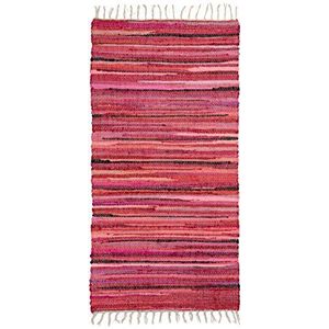 Relaxdays vloerkleed laagpolig, 70 x 140 cm, met franjes, meerkleurig, smal, van polyester en katoen, loper tapijt, rood