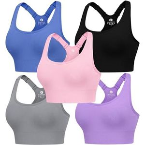 Evercute Verstelbare Sport BH's voor Vrouwen Racerback Hoge Ondersteuning Bras Set Gewatteerde Workout Bras Naadloze Yoga Atletische Bras, Zwart-grijs-roze-lavendel-marineblauw 5 Pack, M