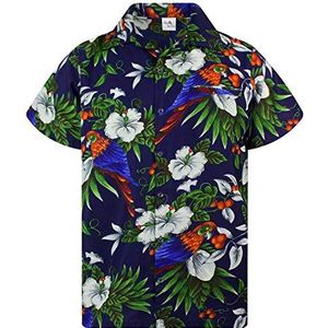 Funky Hawaiiaans Overhemd, Hawaii-Overhemd, Korte Mouw, Cherryparrot, Donkerblauw, L