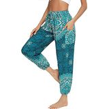 Doaraha Hippiebroek voor dames, harembroek, boho-patroon, pompbroek met zakken, losse vrijetijdsbroek, yogabroek, kleurrijk, Indiase stijl, yogabroek, bloemenblauw, XL