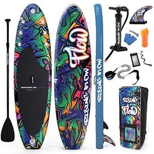 Inflatable Stand Up Paddle Board - 10Ft. Graffiti Standup SUP Paddle Board w/Oar, Air Pump, Ankle Leash, Paddleboard Repair Kit, Waterproof Mobile Phone Case, Storage/Carry Bag - SereneLife SLSUPB636